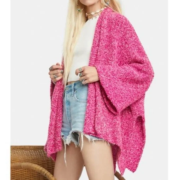 Free People Hot Pink Open Front Oversized Slouchy Cardigan Boucle Sweater M - Picture 8 of 13